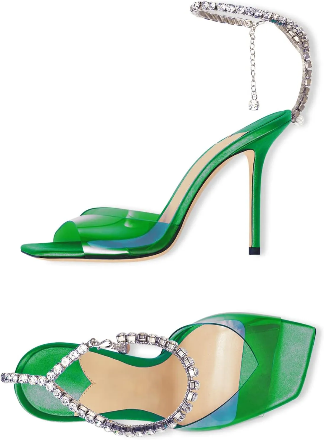 Women's Heeled Sandals Crystal Chain Ankle Strap Rhinestone Buckle Square Open Toe Stiletto High Heels Wedding Party Satin Dress Shoes