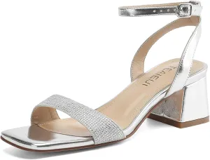 Women's Heeled Sandals Strappy Low Block Heels Chunky for Women Comfortable Ankle Strap Open Toe Party Wedding Dress Shoes for Women Dressy