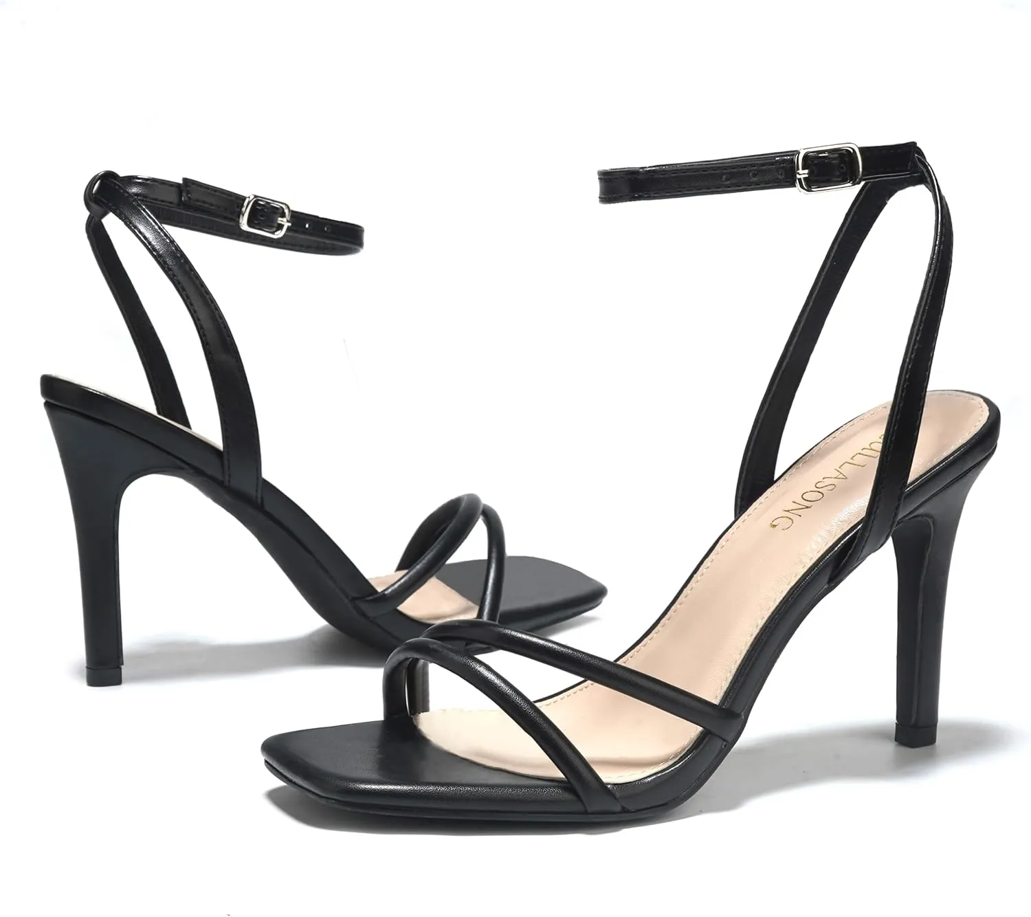 Women's Heels Strappy Ankle Strap High Heels 3.5 Inch Heeled Square Open Toe Sandals for Women