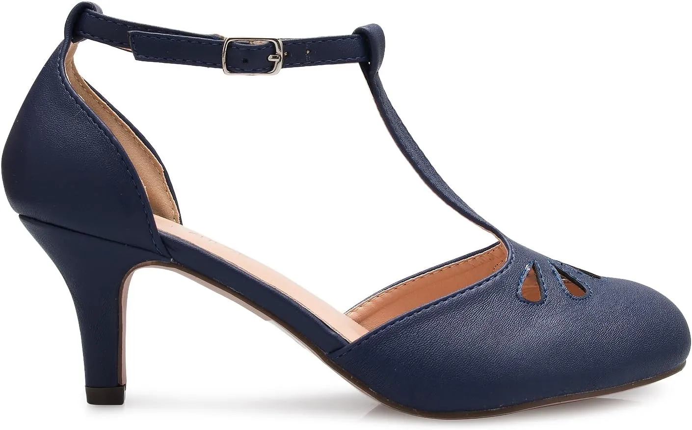 Women's Kitten Low Heels T-Strap Pumps - Adorable Vintage Retro Shoes with T Strap - Unique Upper Cut Out Design
