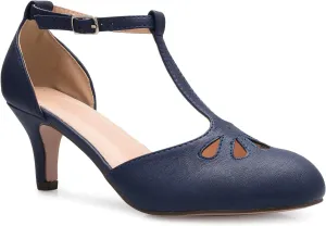 Women's Kitten Low Heels T-Strap Pumps - Adorable Vintage Retro Shoes with T Strap - Unique Upper Cut Out Design