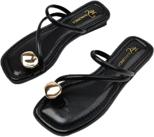 Women's leather strappy flat metal toe ring sandals fashionable square open toe low block heel slip-on Clip Toe Slide Sandals Casual Summer Beach slipper