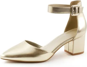 Women's Low Block Heels Chunky Closed Toe Pump Shoes with Ankle Strap