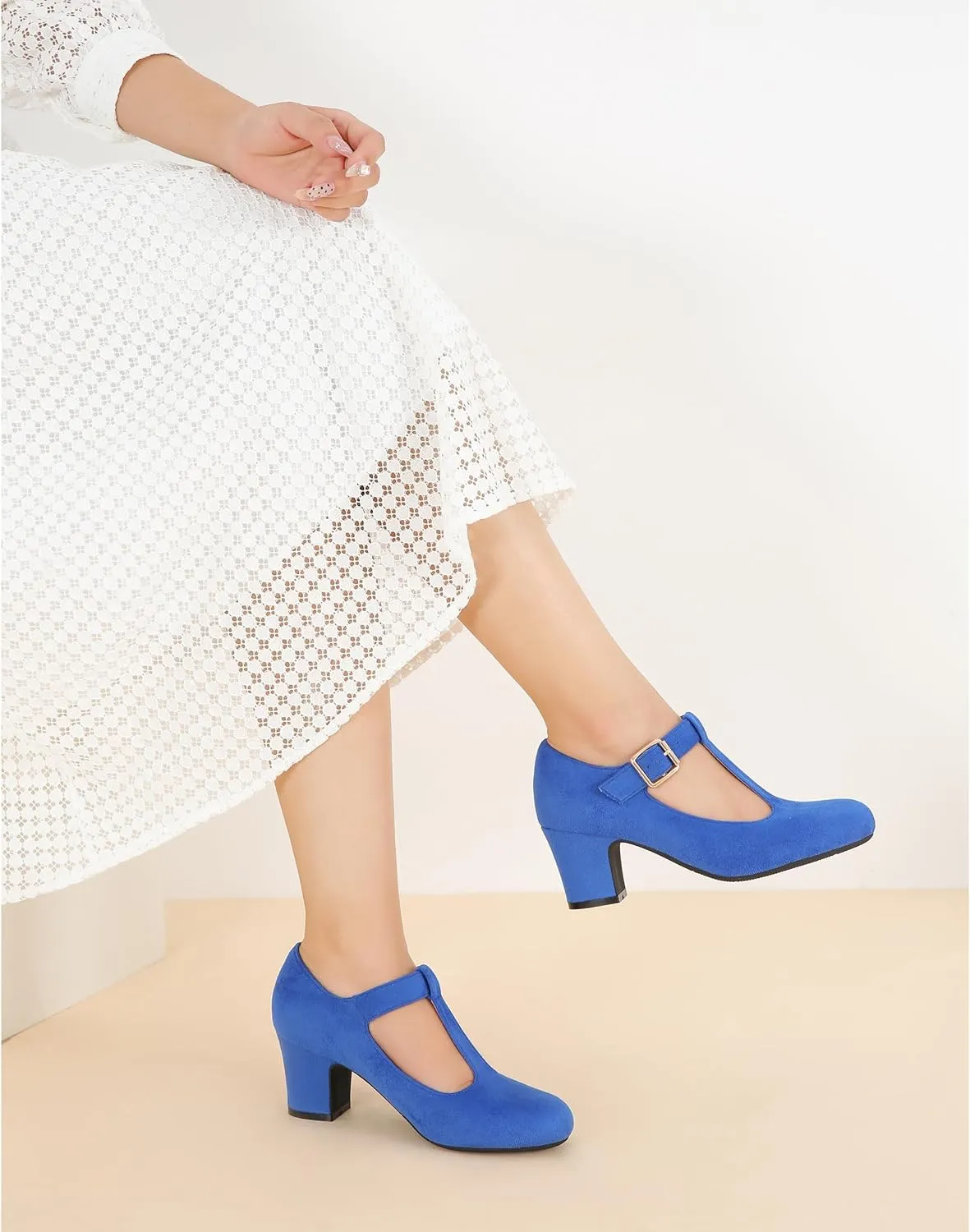Women's Mary Jane Pumps T-Strap Block Chunky High Heels Ankle Strap Buckle Comfortable Wedding Dress Evening Party Shoes