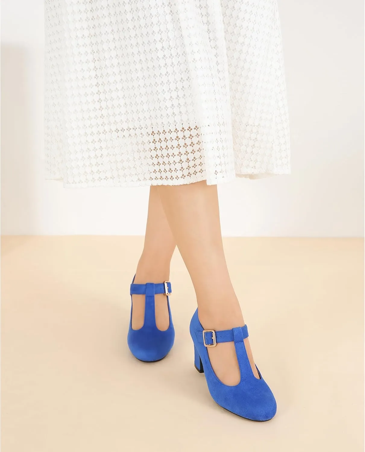 Women's Mary Jane Pumps T-Strap Block Chunky High Heels Ankle Strap Buckle Comfortable Wedding Dress Evening Party Shoes