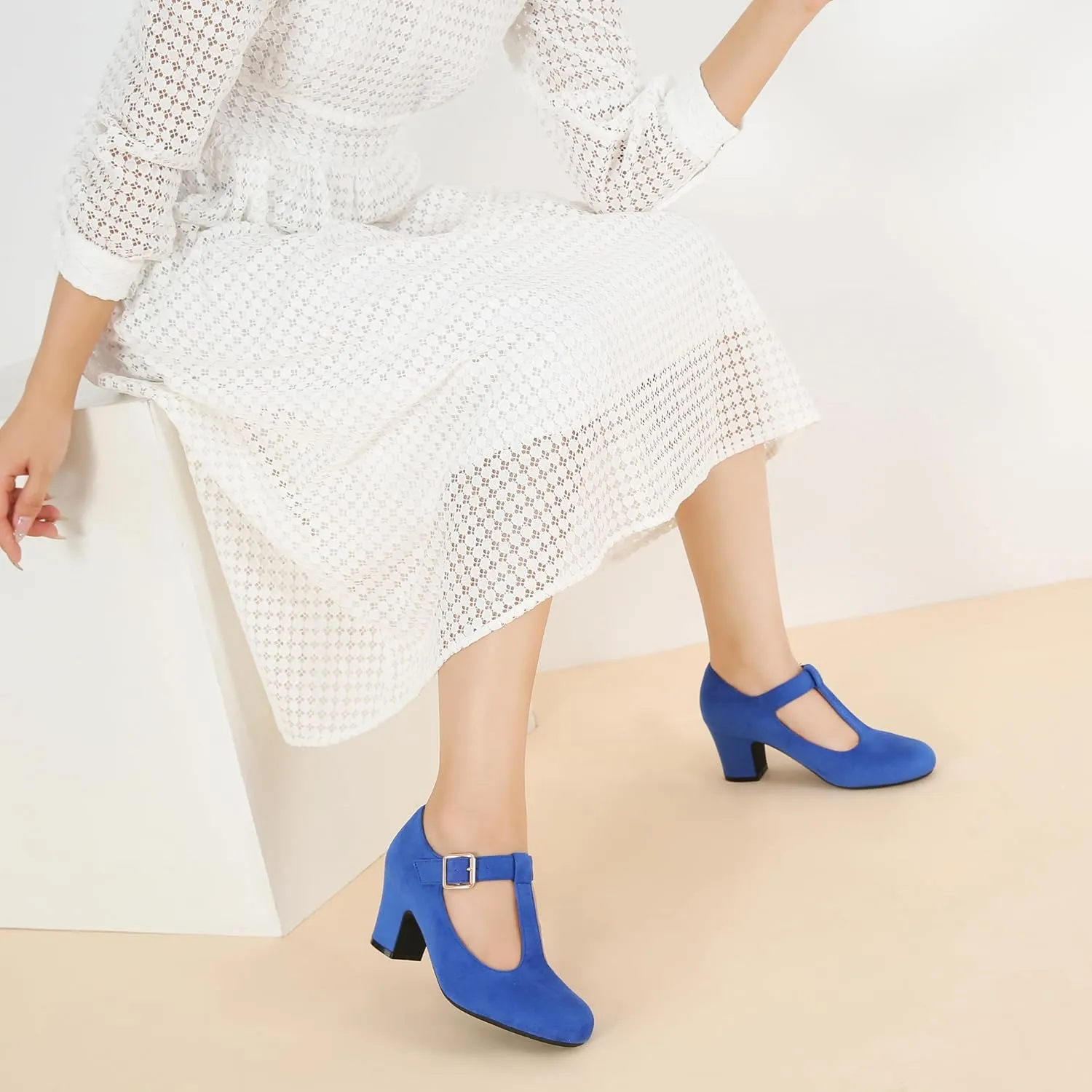 Women's Mary Jane Pumps T-Strap Block Chunky High Heels Ankle Strap Buckle Comfortable Wedding Dress Evening Party Shoes