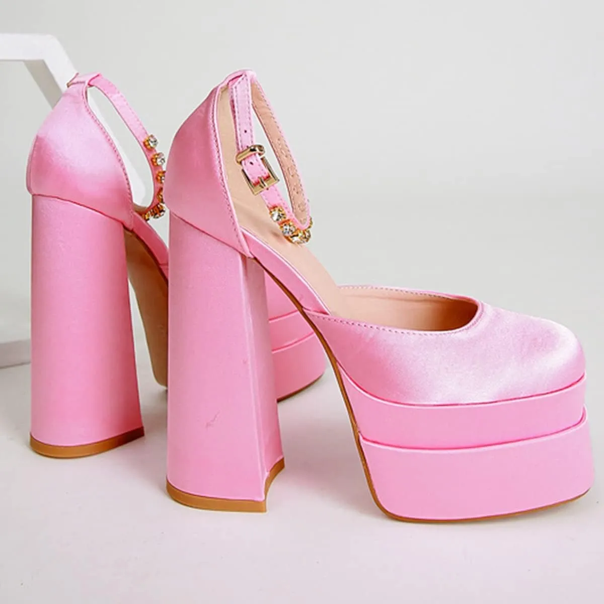 Womens Platform Chunky High Block Heels Ankle Strap Buckles Wedge Dress Pumps