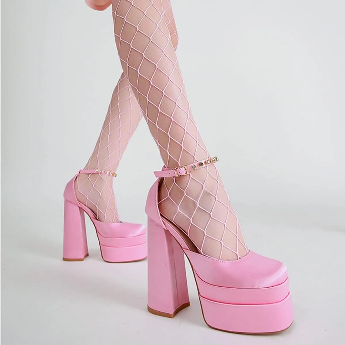 Womens Platform Chunky High Block Heels Ankle Strap Buckles Wedge Dress Pumps