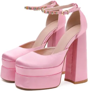 Womens Platform Chunky High Block Heels Ankle Strap Buckles Wedge Dress Pumps