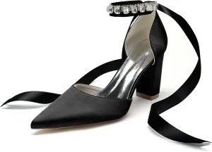 Women's Pointed Toe Pearl Wedding Shoes Thick heel Rhinestones Ribbon Bow tie High Heels Bridal Evening Party Dress Shoes