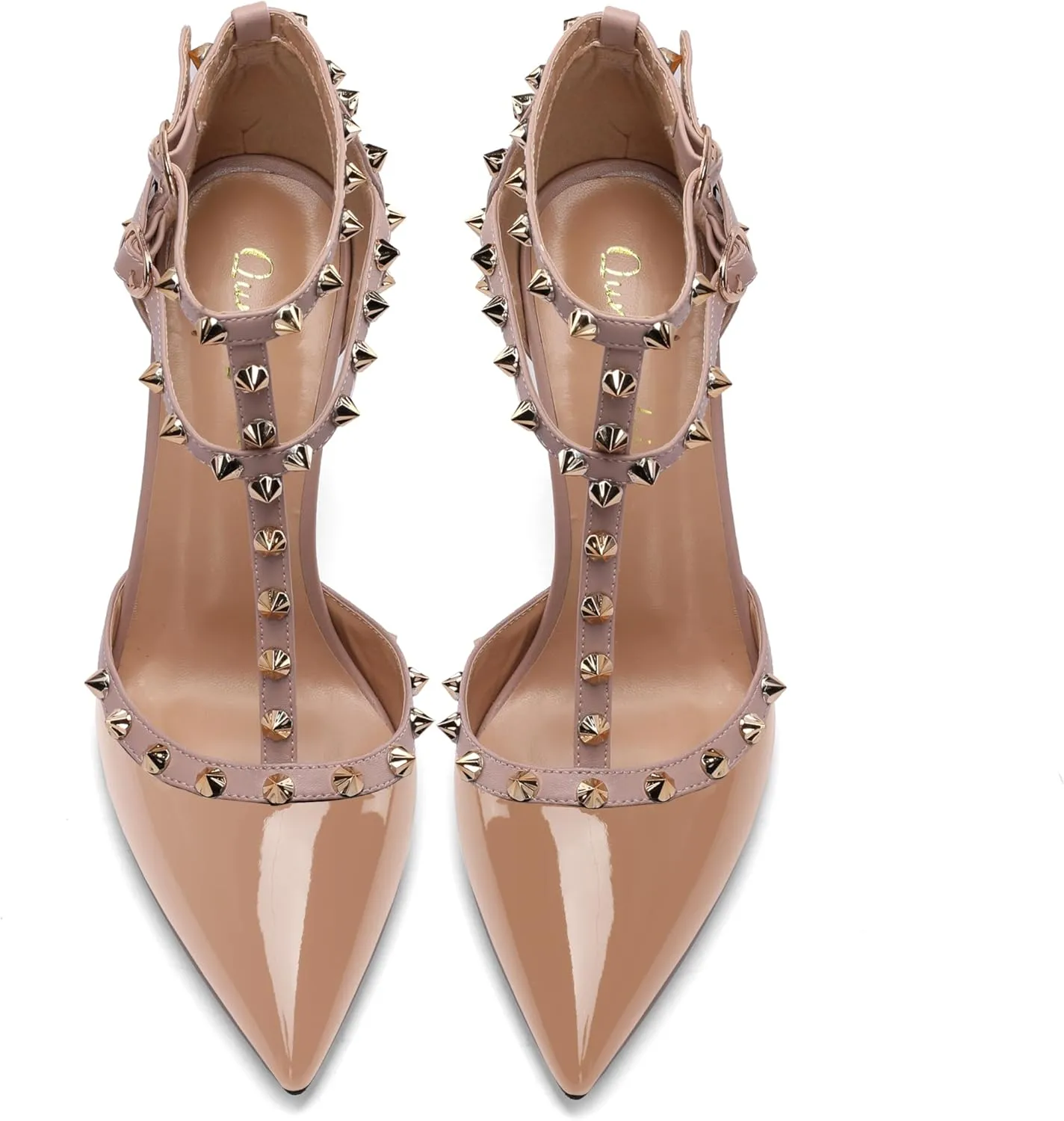 Womens Pointed Toe T-Trap Ankle Trap Hollow Buckle 3.9IN Stiletto High Heels Rivets Banquets Parties Dressy Sexy Closed Toe Pums