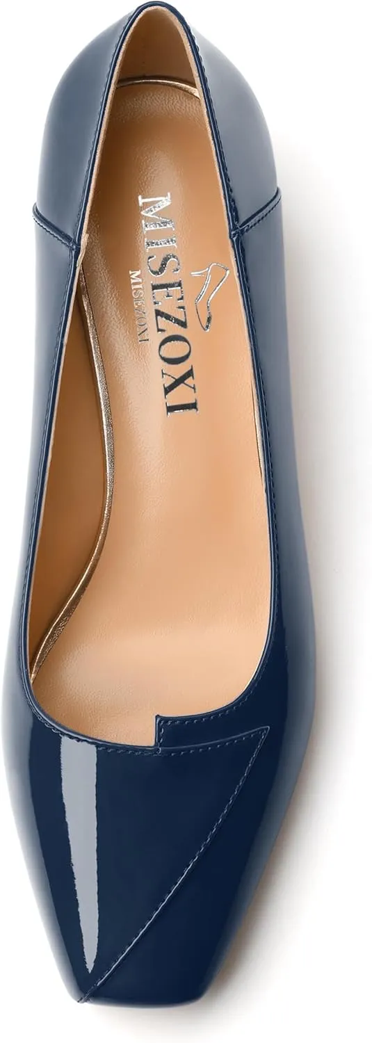 Womens Pumps, Low Chunky Block Heels for Women, Square Toe Womens Dress Shoes for Party and Office, Patent Dress Pumps