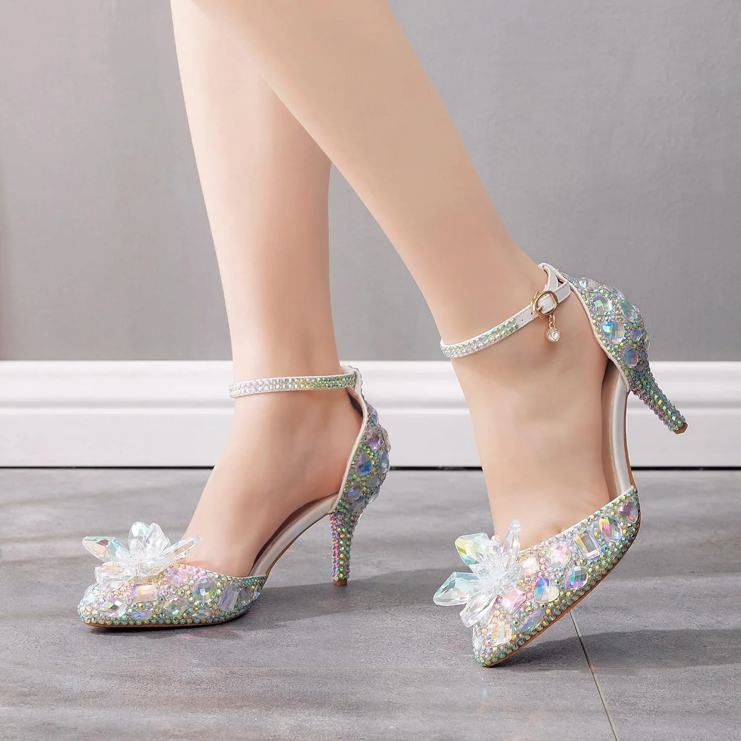 Women's Rhinestone Wedding Shoes Thin Heels Pointed Toe Stiletto Heels Party Pumps Sandals Crystal Dress Evening Heels Shoes