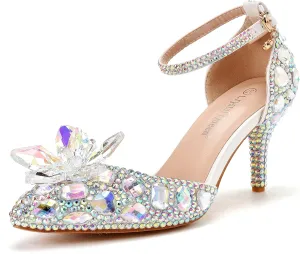 Women's Rhinestone Wedding Shoes Thin Heels Pointed Toe Stiletto Heels Party Pumps Sandals Crystal Dress Evening Heels Shoes