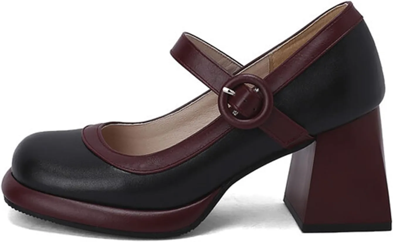 Women's Square Toe Chunky Heel Mary Jane Shoes with Adjustable Ankle Strap,Retro Leather Platform Block High Heels Pumps Shoes for Office Party Casual Wedding