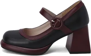 Women's Square Toe Chunky Heel Mary Jane Shoes with Adjustable Ankle Strap,Retro Leather Platform Block High Heels Pumps Shoes for Office Party Casual Wedding