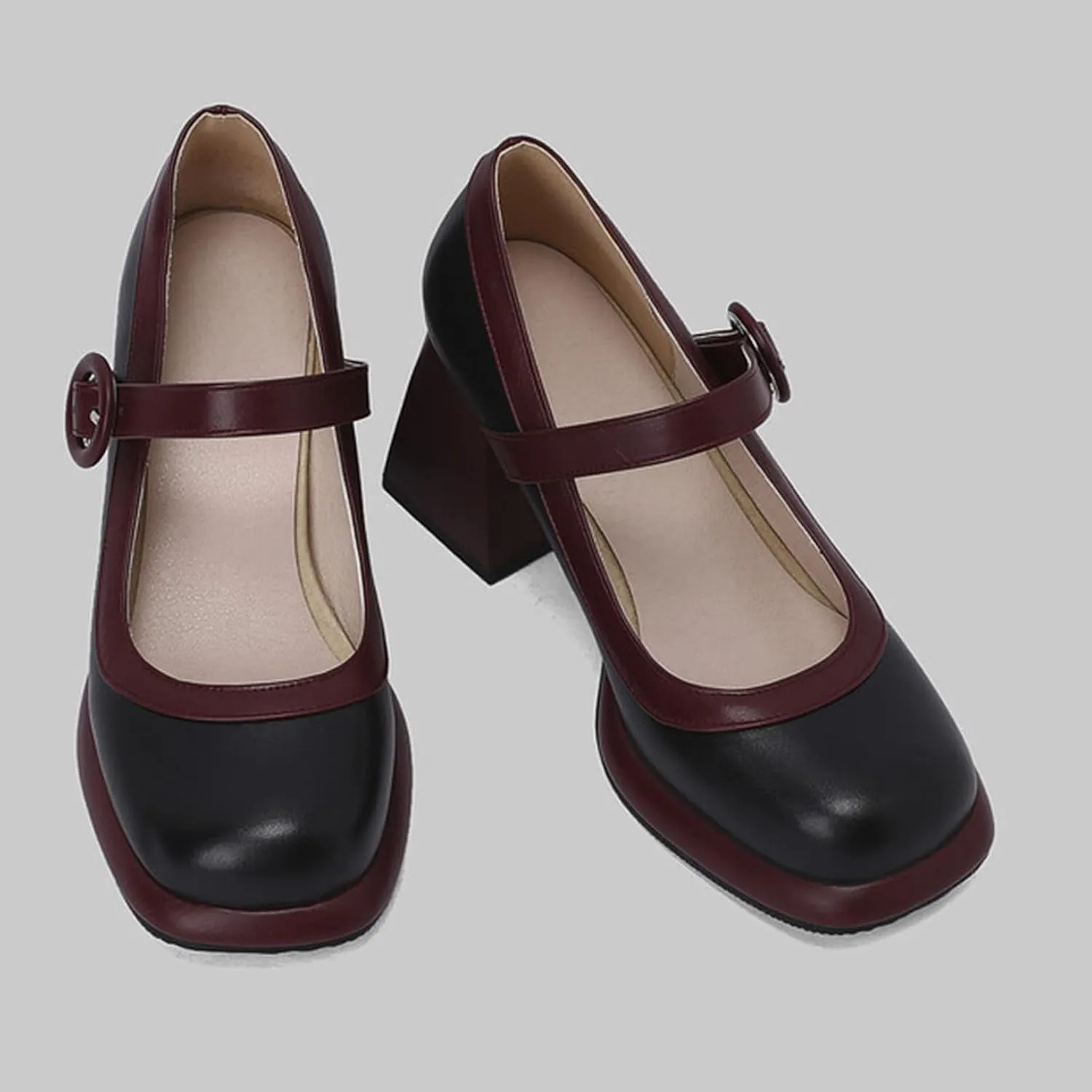 Women's Square Toe Chunky Heel Mary Jane Shoes with Adjustable Ankle Strap,Retro Leather Platform Block High Heels Pumps Shoes for Office Party Casual Wedding