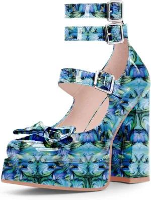 Women's Sweet Bow Platform Mary Jane Pumps Ankle Strap Closed Toe Patent Leather Block High Heels Goth Shoes