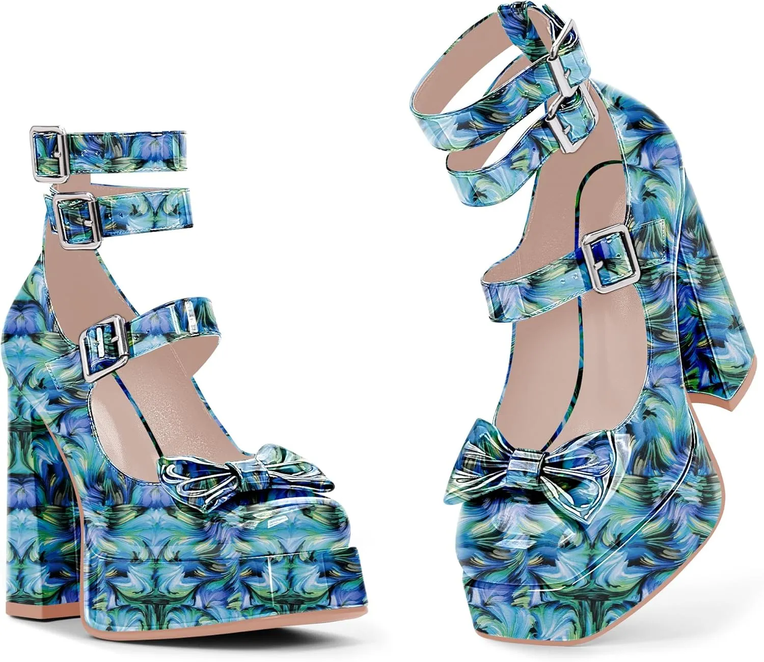 Women's Sweet Bow Platform Mary Jane Pumps Ankle Strap Closed Toe Patent Leather Block High Heels Goth Shoes