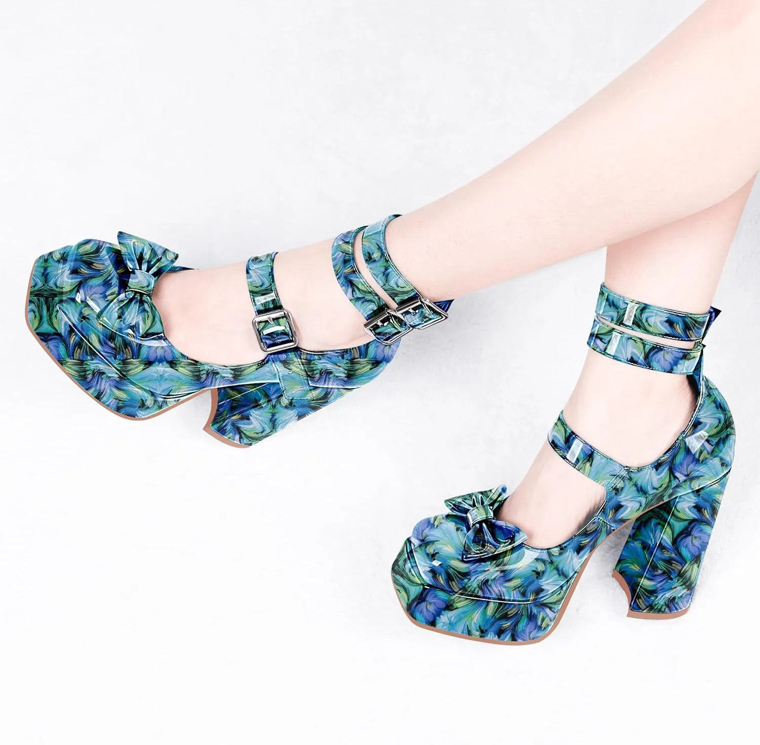 Women's Sweet Bow Platform Mary Jane Pumps Ankle Strap Closed Toe Patent Leather Block High Heels Goth Shoes
