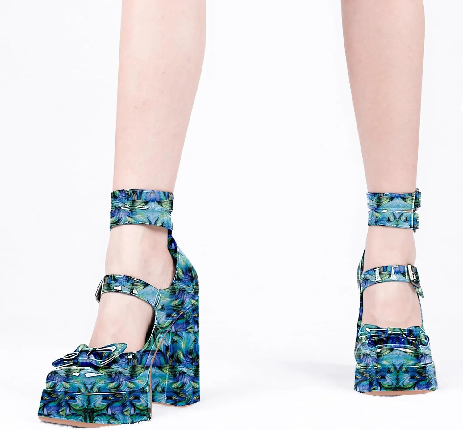 Women's Sweet Bow Platform Mary Jane Pumps Ankle Strap Closed Toe Patent Leather Block High Heels Goth Shoes