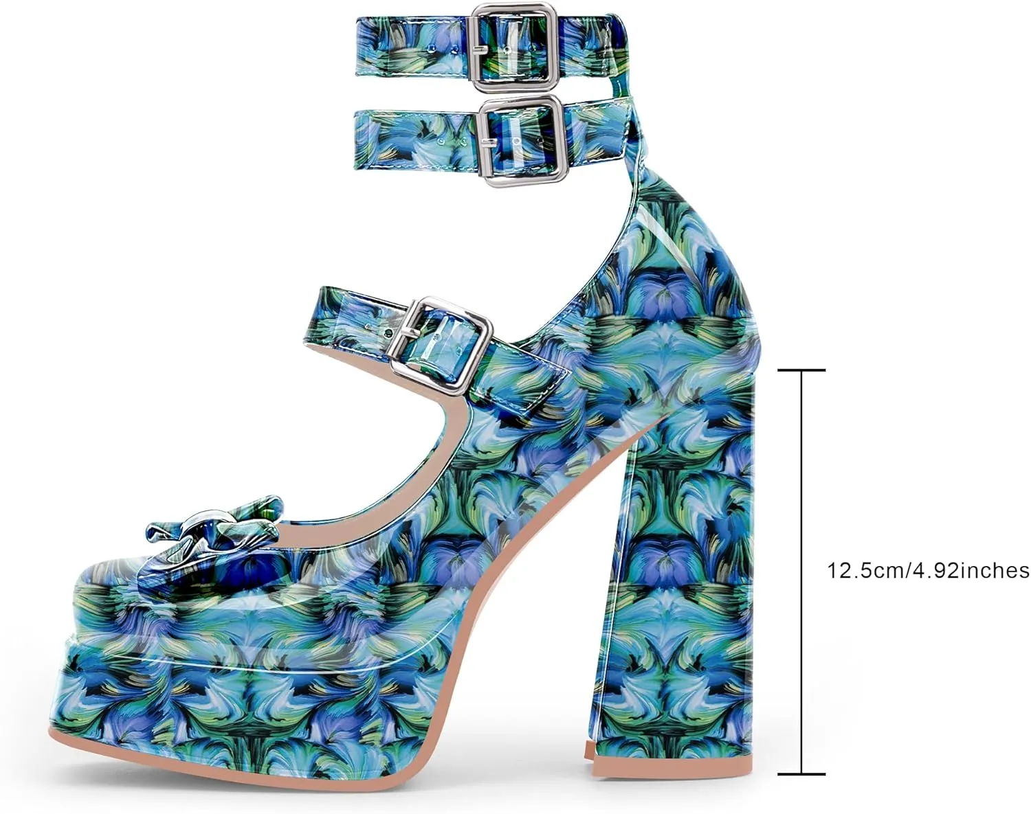 Women's Sweet Bow Platform Mary Jane Pumps Ankle Strap Closed Toe Patent Leather Block High Heels Goth Shoes