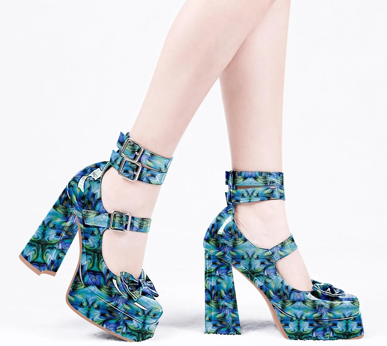 Women's Sweet Bow Platform Mary Jane Pumps Ankle Strap Closed Toe Patent Leather Block High Heels Goth Shoes