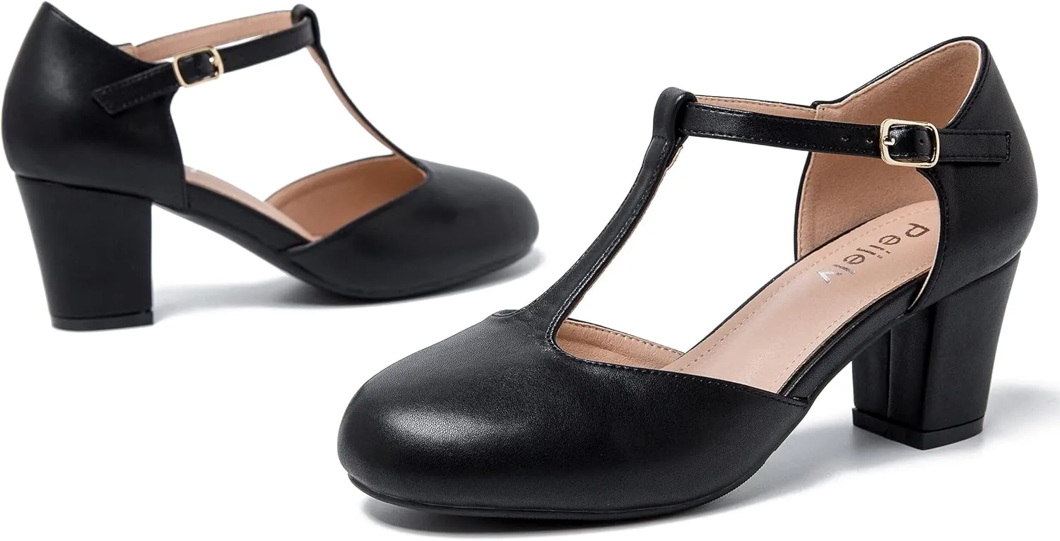 Womens T Strap Mary Jane Shoes Chunky Block Heel Ankle Strap Buckle Dress Pumps