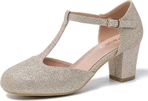 Womens T Strap Mary Jane Shoes Chunky Block Heel Ankle Strap Buckle Dress Pumps