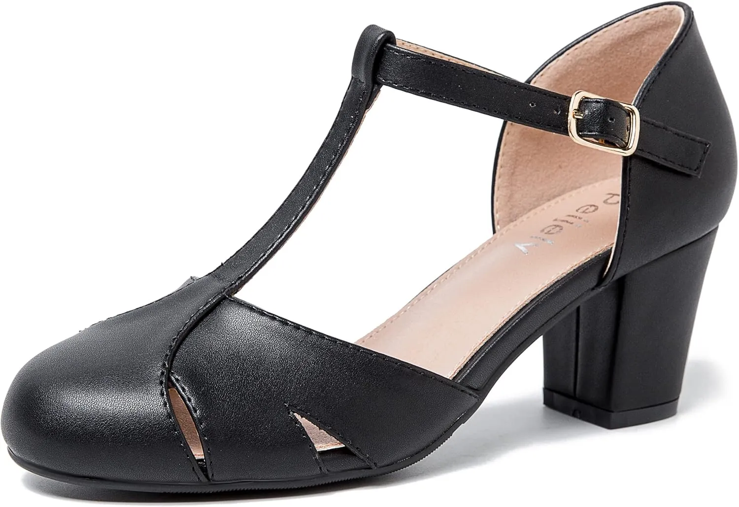Womens T Strap Mary Jane Shoes Chunky Block Heel Cut Out Ankle Strap Buckle Dress Dance Pumps