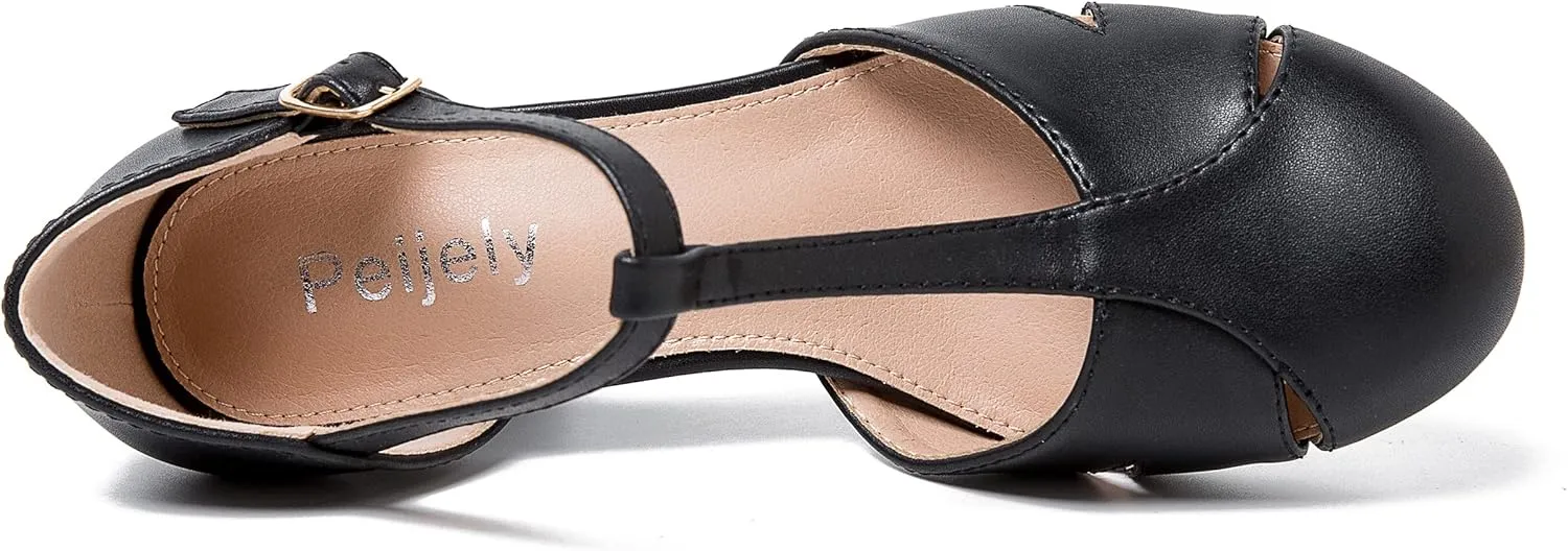 Womens T Strap Mary Jane Shoes Chunky Block Heel Cut Out Ankle Strap Buckle Dress Dance Pumps
