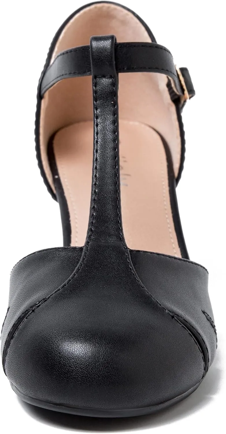 Womens T Strap Mary Jane Shoes Chunky Block Heel Cut Out Ankle Strap Buckle Dress Dance Pumps