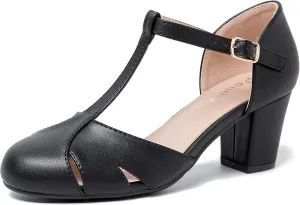 Womens T Strap Mary Jane Shoes Chunky Block Heel Cut Out Ankle Strap Buckle Dress Dance Pumps