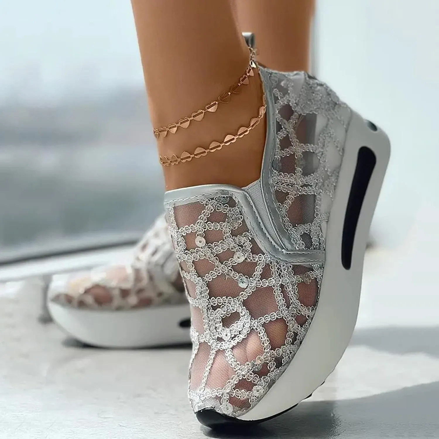 Womens Tennis Shoes Embroidery Floral Mesh Breathable Sneakers Platform Wedge Non-Slip Athletic Walking Shoes Comfort Chunky Sole Hidden High Heels Slip On Loafers
