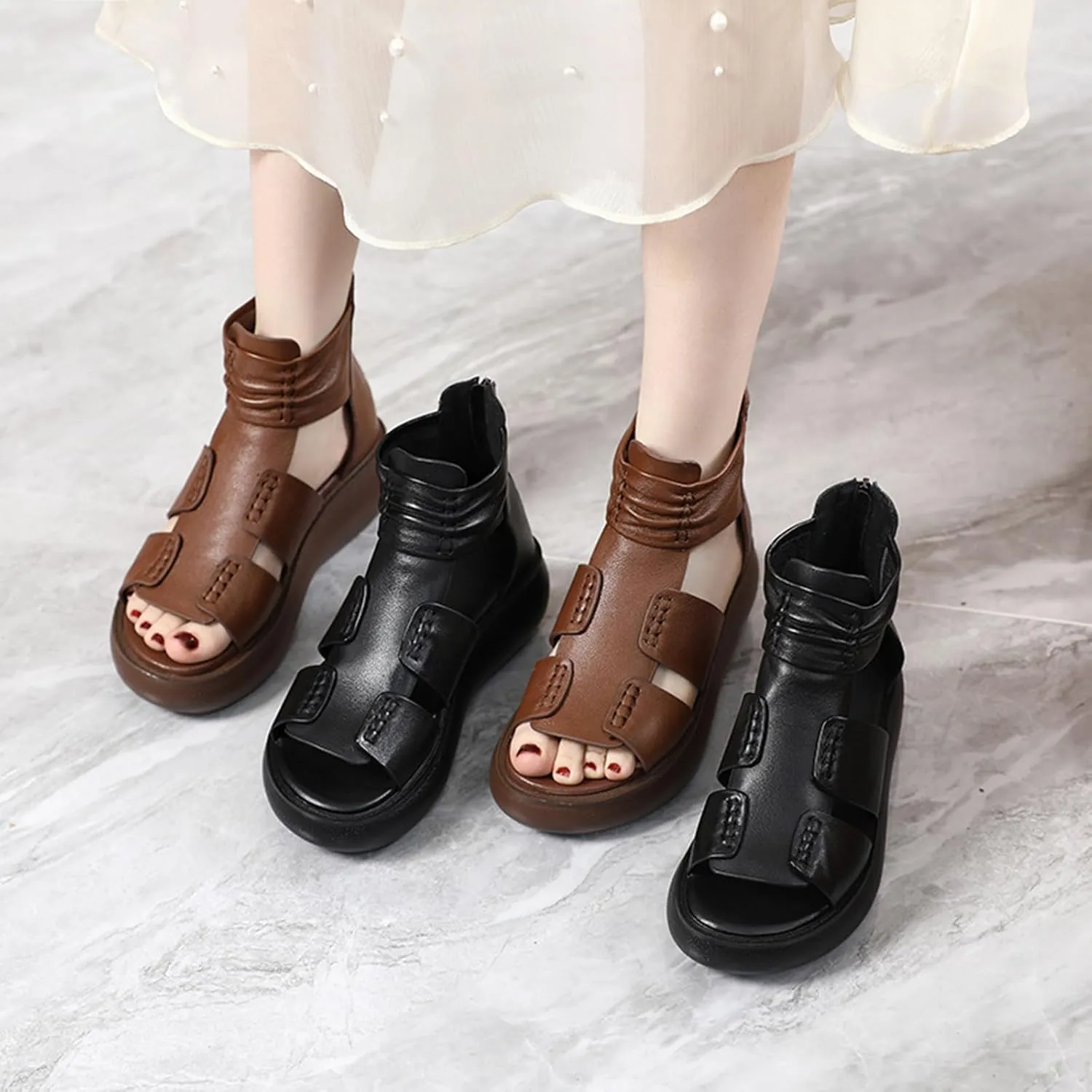 Women'S Vintage Leather Ankle Strap Platform Wedge Sandals,Comfort Round Open Toe Back Zipper Causal Roman Sandals,High Top Breathable Anti Slip Walking Dress Shoes