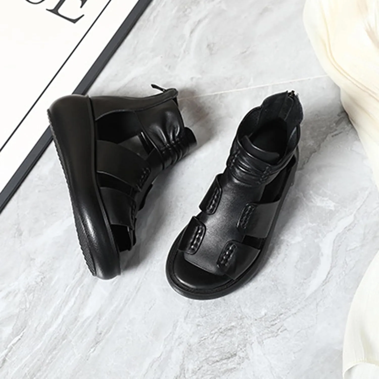 Women'S Vintage Leather Ankle Strap Platform Wedge Sandals,Comfort Round Open Toe Back Zipper Causal Roman Sandals,High Top Breathable Anti Slip Walking Dress Shoes