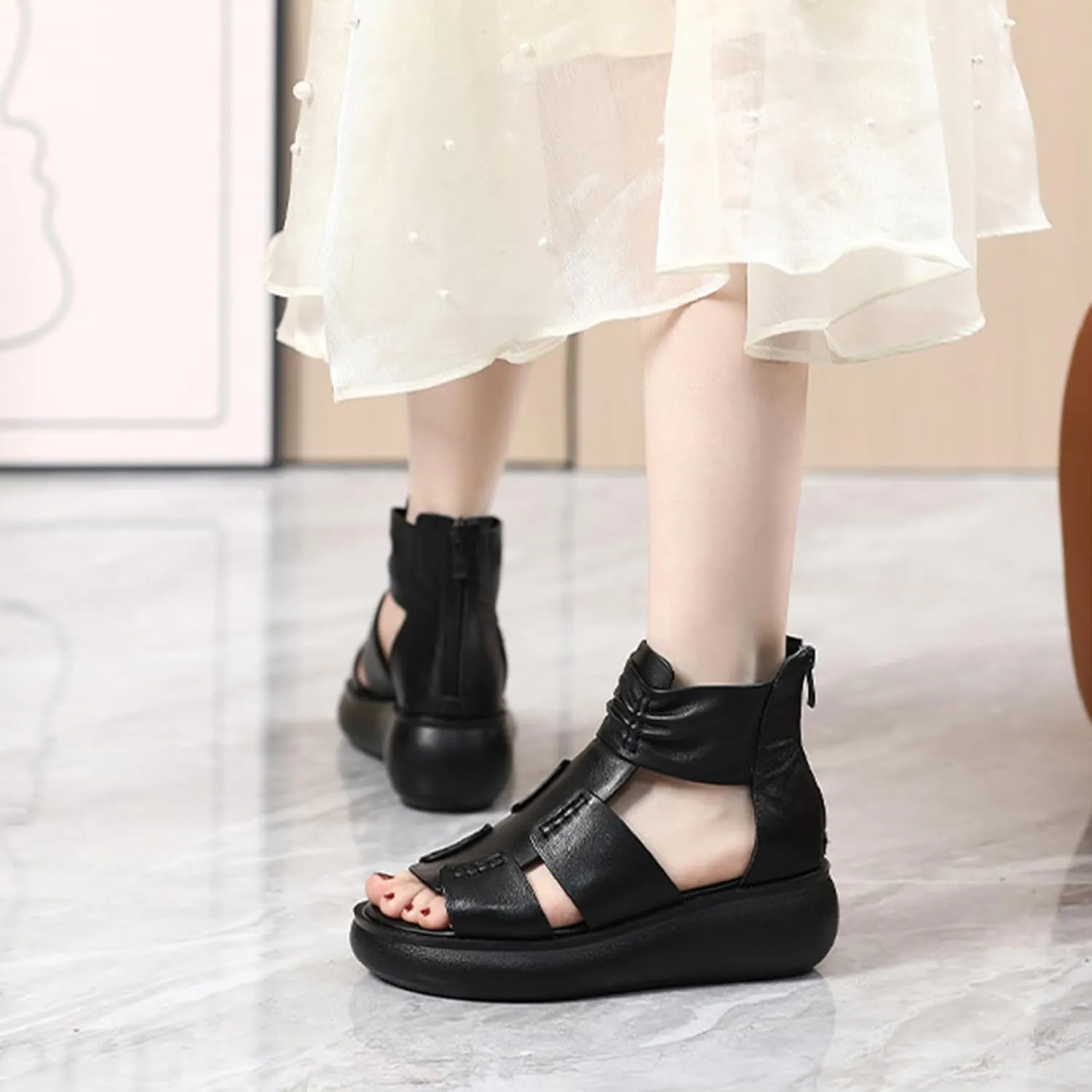 Women'S Vintage Leather Ankle Strap Platform Wedge Sandals,Comfort Round Open Toe Back Zipper Causal Roman Sandals,High Top Breathable Anti Slip Walking Dress Shoes