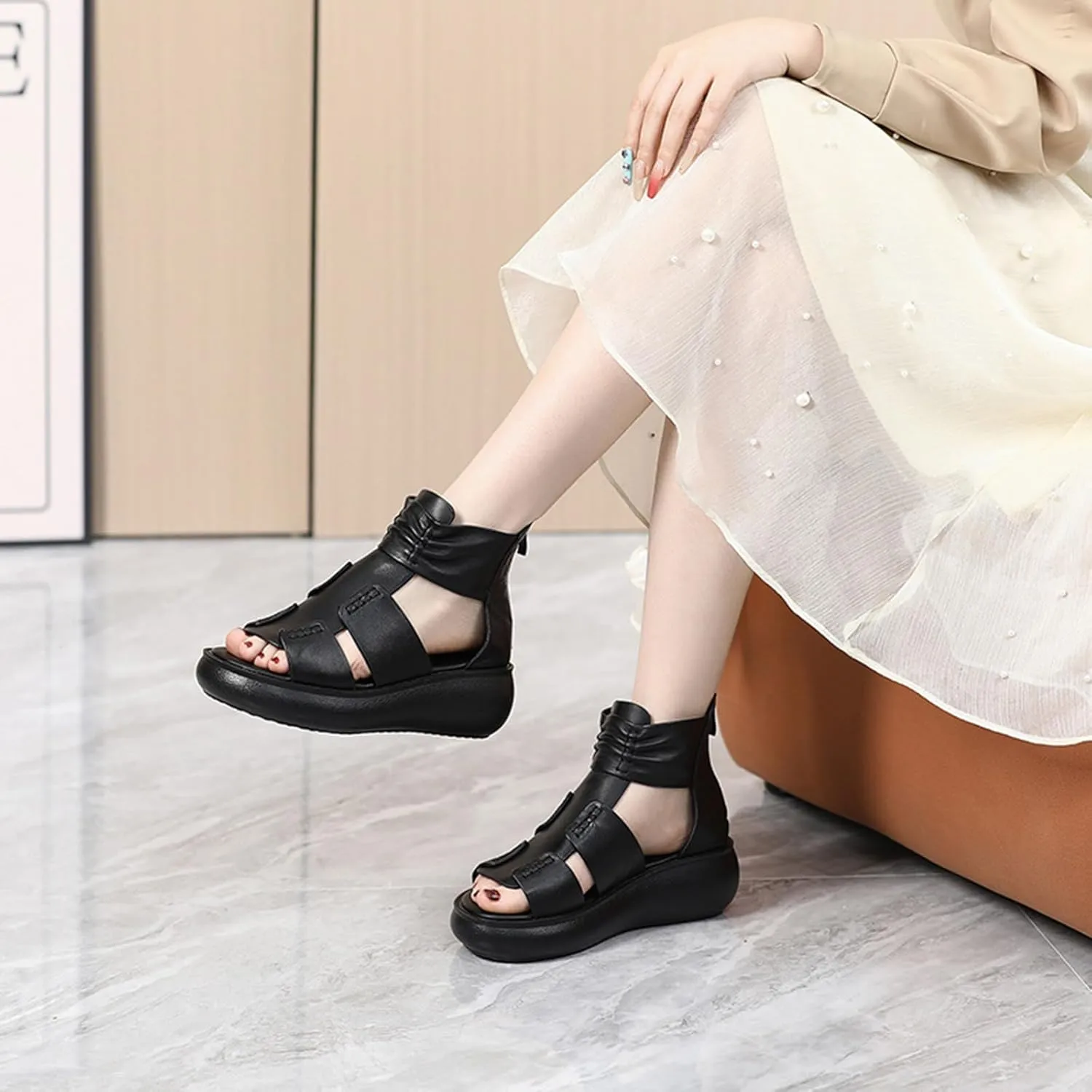 Women'S Vintage Leather Ankle Strap Platform Wedge Sandals,Comfort Round Open Toe Back Zipper Causal Roman Sandals,High Top Breathable Anti Slip Walking Dress Shoes