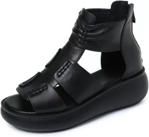 Women'S Vintage Leather Ankle Strap Platform Wedge Sandals,Comfort Round Open Toe Back Zipper Causal Roman Sandals,High Top Breathable Anti Slip Walking Dress Shoes