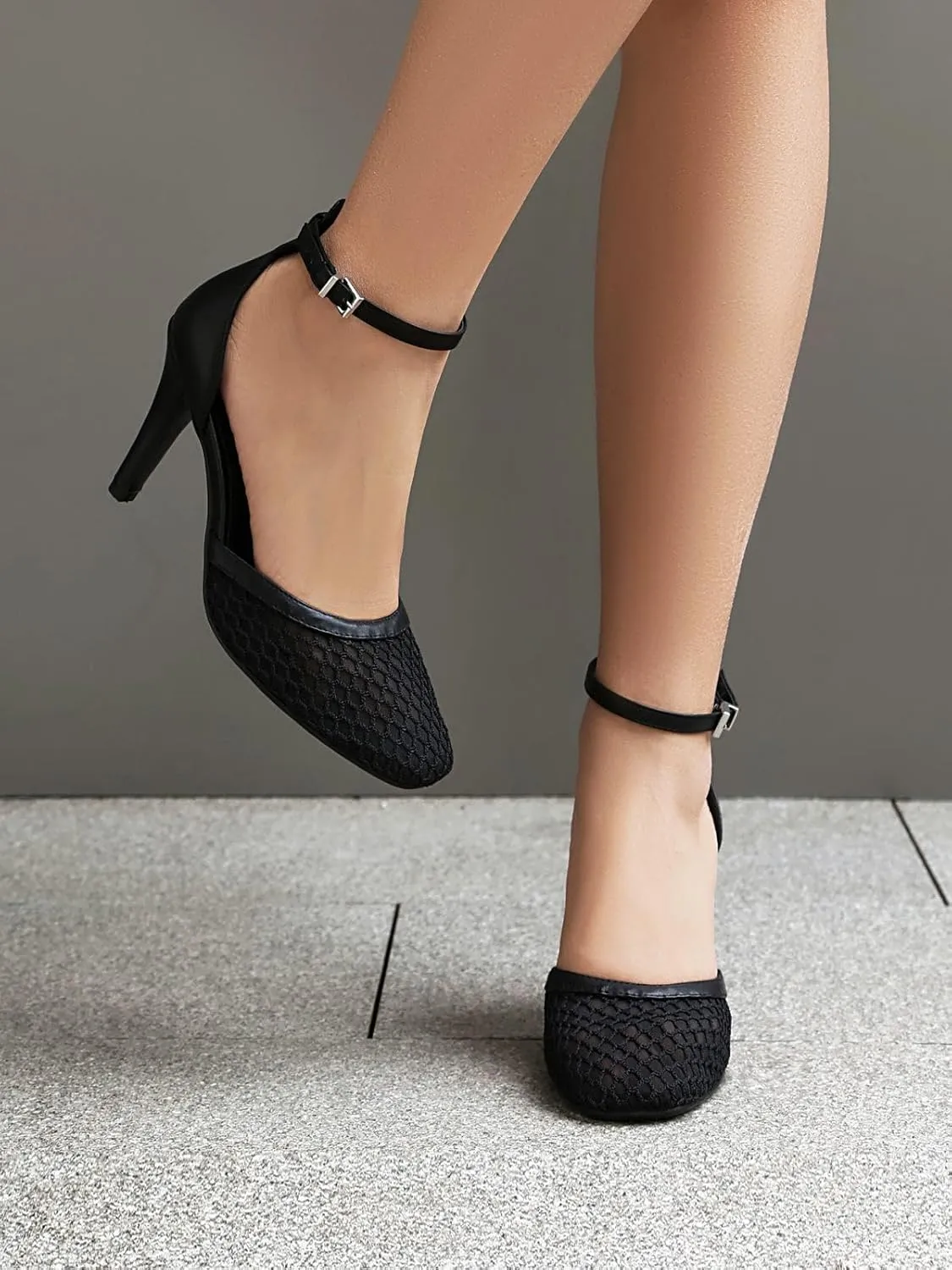 XIEDA Women's Mesh Heels Closed Toe Ankle Strap Stiletto Sexy High Heels Prom Dress Pumps Shoes