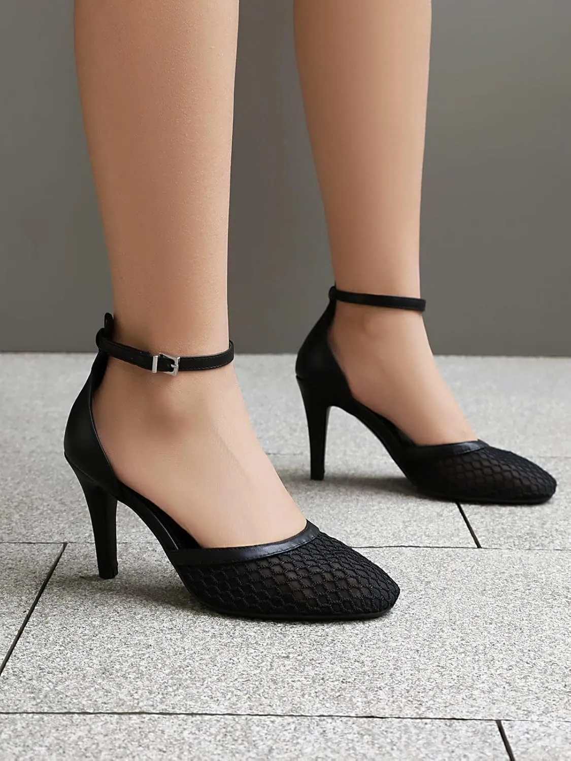 XIEDA Women's Mesh Heels Closed Toe Ankle Strap Stiletto Sexy High Heels Prom Dress Pumps Shoes