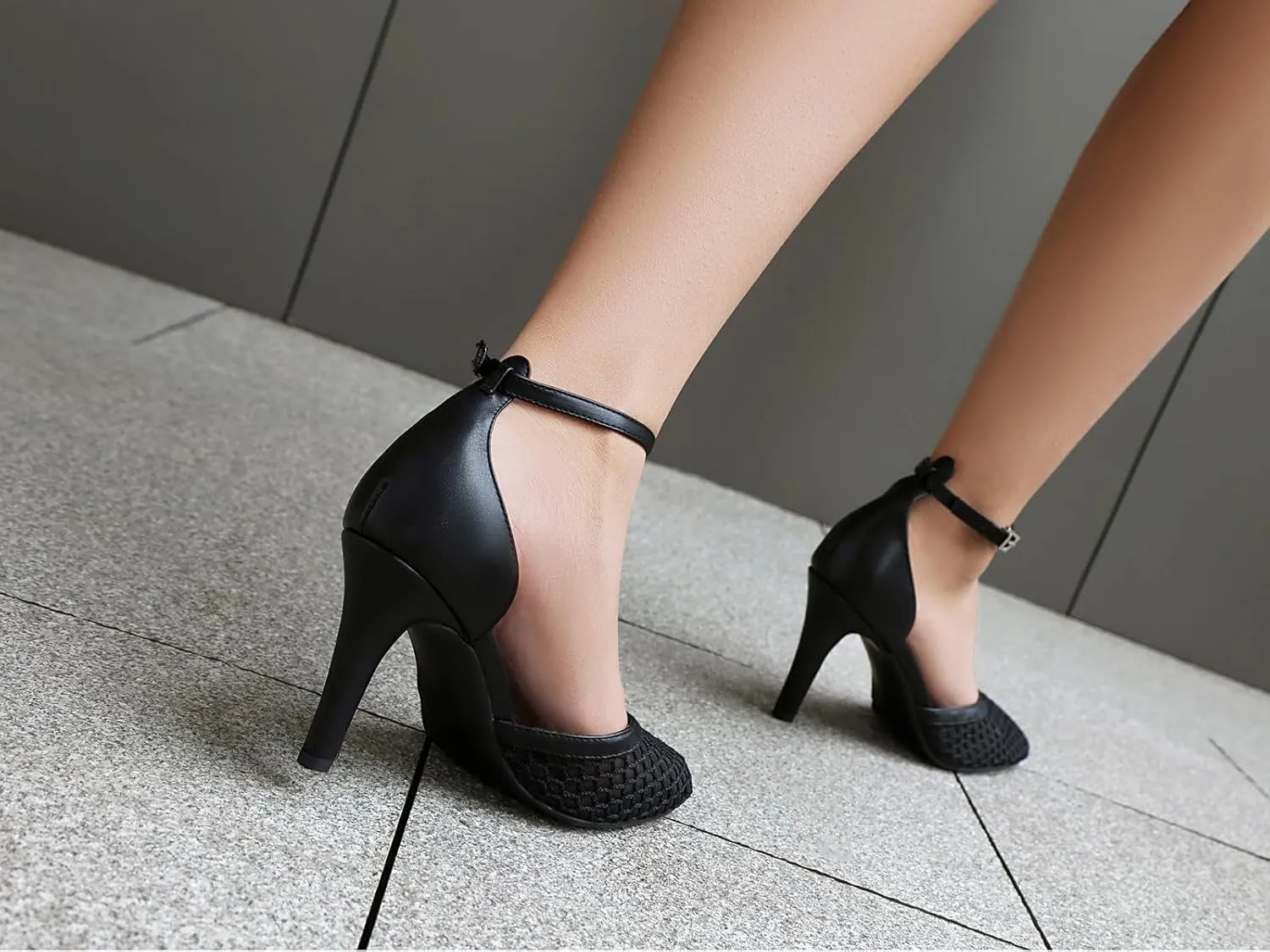 XIEDA Women's Mesh Heels Closed Toe Ankle Strap Stiletto Sexy High Heels Prom Dress Pumps Shoes