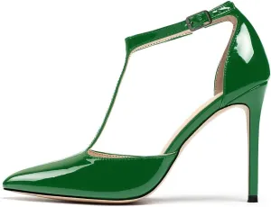 YODEKS Women's Pointed Toe T-Strap Cut Out Ankle Strap Stiletto High Heel Dress Party Pumps Shoes