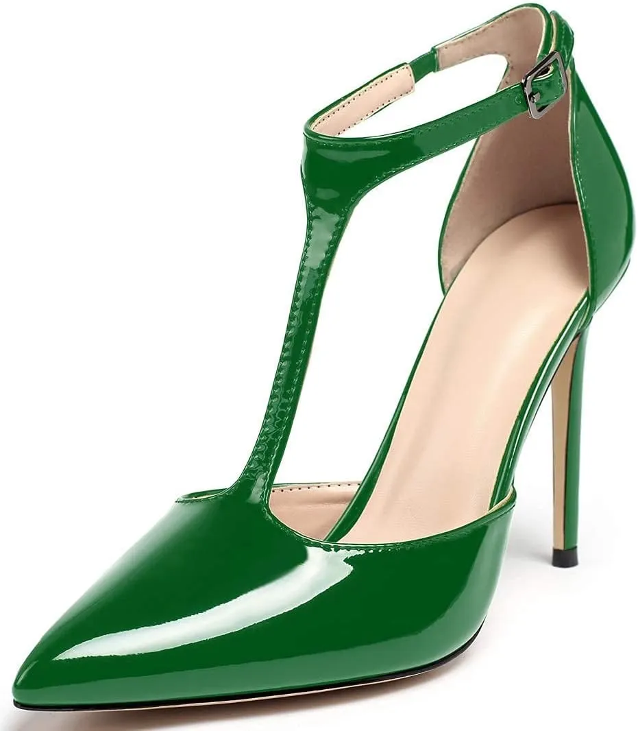 YODEKS Women's Pointed Toe T-Strap Cut Out Ankle Strap Stiletto High Heel Dress Party Pumps Shoes