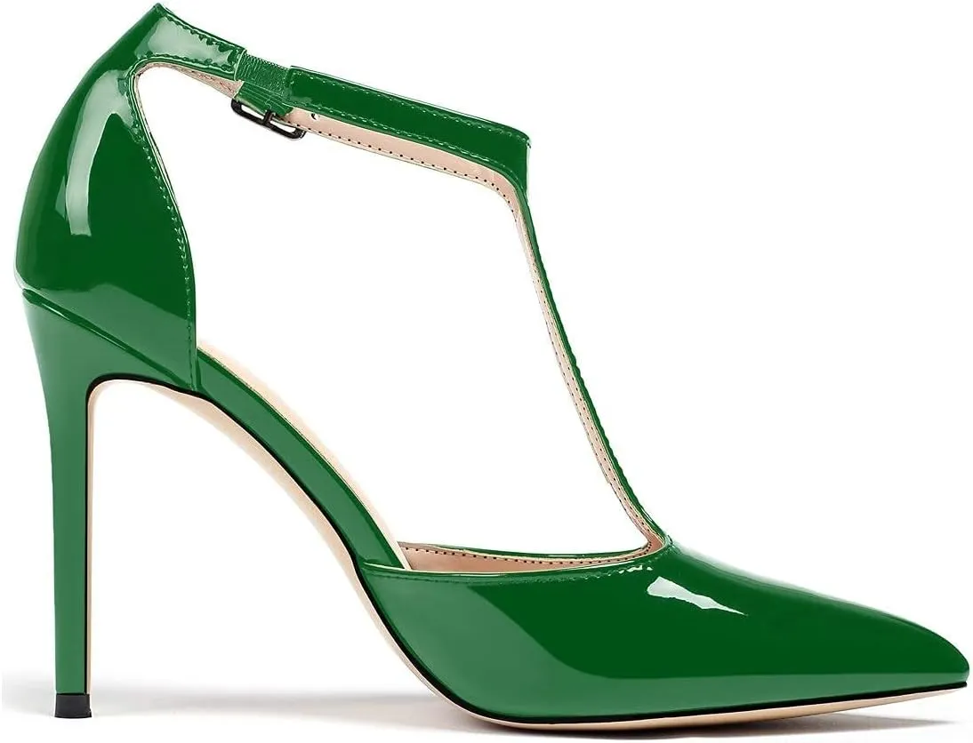 YODEKS Women's Pointed Toe T-Strap Cut Out Ankle Strap Stiletto High Heel Dress Party Pumps Shoes