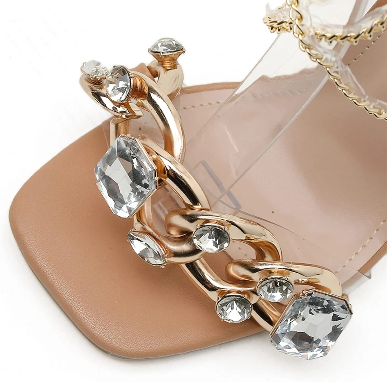 Yolkomo Women's Rhinestone Clear Heels Square Open Toe Ankle Strappy Lace Up Stiletto High Heel Sandals