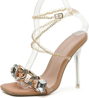 Yolkomo Women's Rhinestone Clear Heels Square Open Toe Ankle Strappy Lace Up Stiletto High Heel Sandals