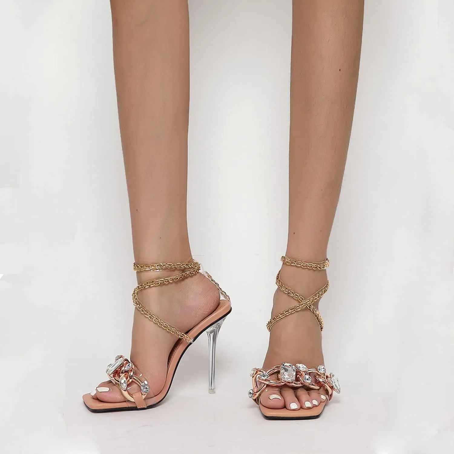 Yolkomo Women's Rhinestone Clear Heels Square Open Toe Ankle Strappy Lace Up Stiletto High Heel Sandals