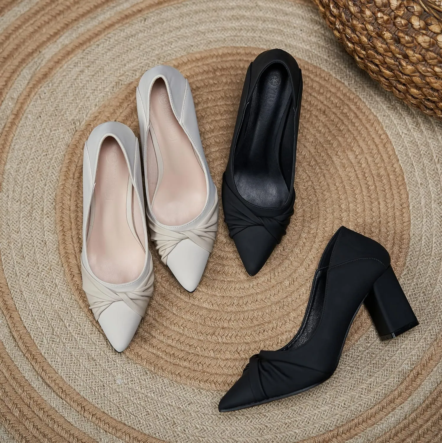 YooPrettyz Women Office Ruched Band Daily Wear Work Pump Block Heel Pointed Toe Foldable Chunky Mid Heels