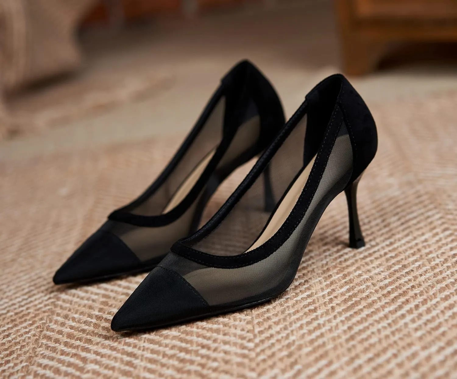 YooPrettyz Women See Through Mesh Sexy High Heels Formal Dressy Pump Shoes Pointed Toe Office Kitten Heels